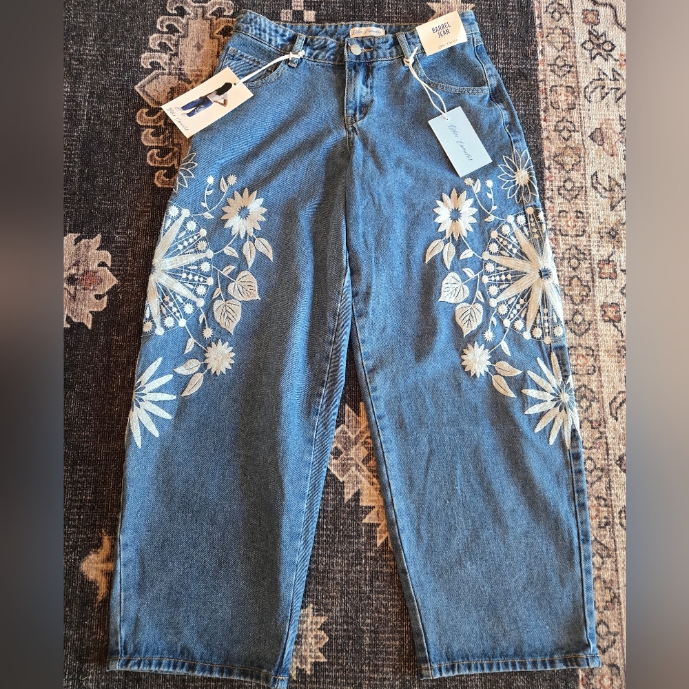 Blue and White Floral Embroidered Flare Jeans
